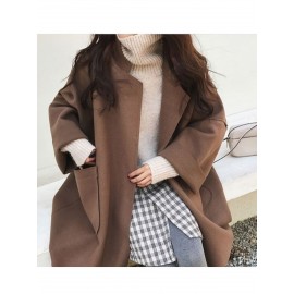 Women's New Korean Winter Coat - Collar Loose-Fit Mid-Length Jacket, Solid Color Warm Outerwear for Fall & Winter, Machine Washable Casual Blazer for or Weekend Outfits