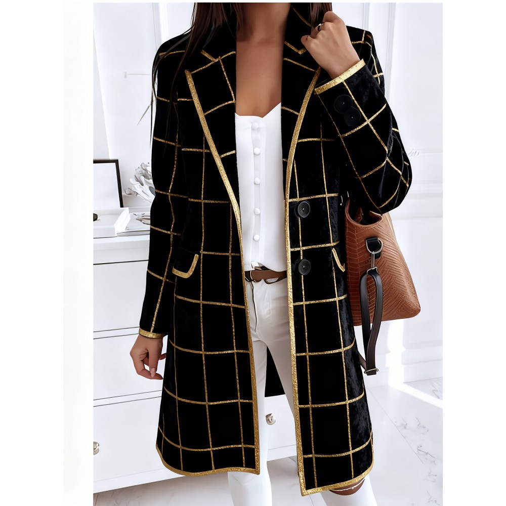 Plus-Size Women's Oversized Collar Button- Coat Jacket - Golden-Toned Houndstooth & Striped Print (Black/Golden), Winter Warmth with Chest Pocket, Machine Washable Casual & Professional Outerwear for, Parties, Everyday