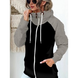 Women's Full-Zip Turtleneck Jacket - Winter Warm Coat with Pockets, Black & Brown Two-Tone Collar, Full-Zip Front Closure & Drawstring Hood-like Neckline, Casual Outerwear (Machine Washable) for Fall/Winter (No-Stretch Fabric), Womens Winter Jacket, Jacket For Women, Jackets For Women, Women Winter Jacket, Womens Jackets