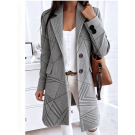 Plus-Size Women's Collar Button- Jacket - Winter-Ready Striped Coat with Chest Pocket, Wrinkle-Resistant Long Sleeve Blazer (Grey/Brown/Beige) for, Casual & Formal Events - Machine Washable Outerwear