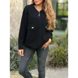 Plus Size Women'S Elegant Casual Fleece Blend Coat - Stand Collar Long Sleeve Jacket with Zipper Closure, Full-Zip Front, Chest Pocket & Structured Fit | Warm Winter Outerwear for Fall/Winter | Solid Color (RedNavy) | Versatile for Everyday & Semi-F