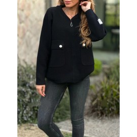 Plus Size Women'S Elegant Casual Fleece Blend Coat - Stand Collar Long Sleeve Jacket with Zipper Closure, Full-Zip Front, Chest Pocket & Structured Fit | Warm Winter Outerwear for Fall/Winter | Solid Color (RedNavy) | Versatile for Everyday & Semi-F
