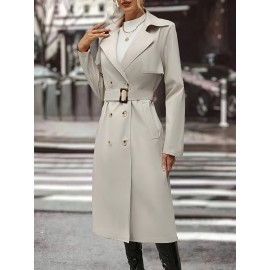 Women's Plus Size Long Coat - Elegant Belted Button Front Closure, Beige/Classic Colors Non-Stretch Jacket for Fall/Spring, Office, Casual & Formal Events - H-Line Silhouette Outerwear