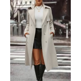Women's Plus Size Long Coat - Elegant Belted Button Front Closure, Beige/Classic Colors Non-Stretch Jacket for Fall/Spring, Office, Casual & Formal Events - H-Line Silhouette Outerwear