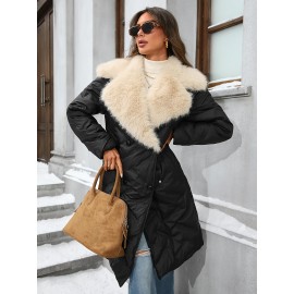Plus Size - Women'S Plus Size Winter Coat - Thick Warm Long Jacket with Lapel Collar, Non-Stretch Fabric, Button Front Closure, Casual Elegant Outerwear For Fall & Winter (machine Washable) - Solid Color, Plus Size Winter Coats For Women