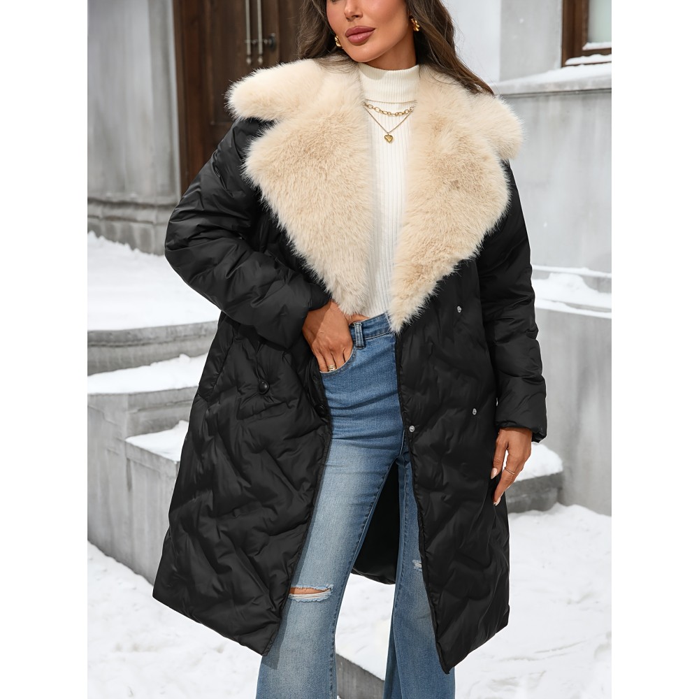 Plus Size - Women'S Plus Size Winter Coat - Thick Warm Long Jacket with Lapel Collar, Non-Stretch Fabric, Button Front Closure, Casual Elegant Outerwear For Fall & Winter (machine Washable) - Solid Color, Plus Size Winter Coats For Women