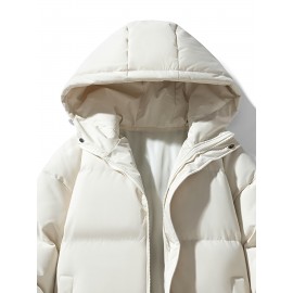 Women's Hooded Outdoor Jacket, Solid Color Plus Size Winter Coat, Fashionable Elegant Loose Fit Long Sleeve Warm Puffer For Fall/Winter