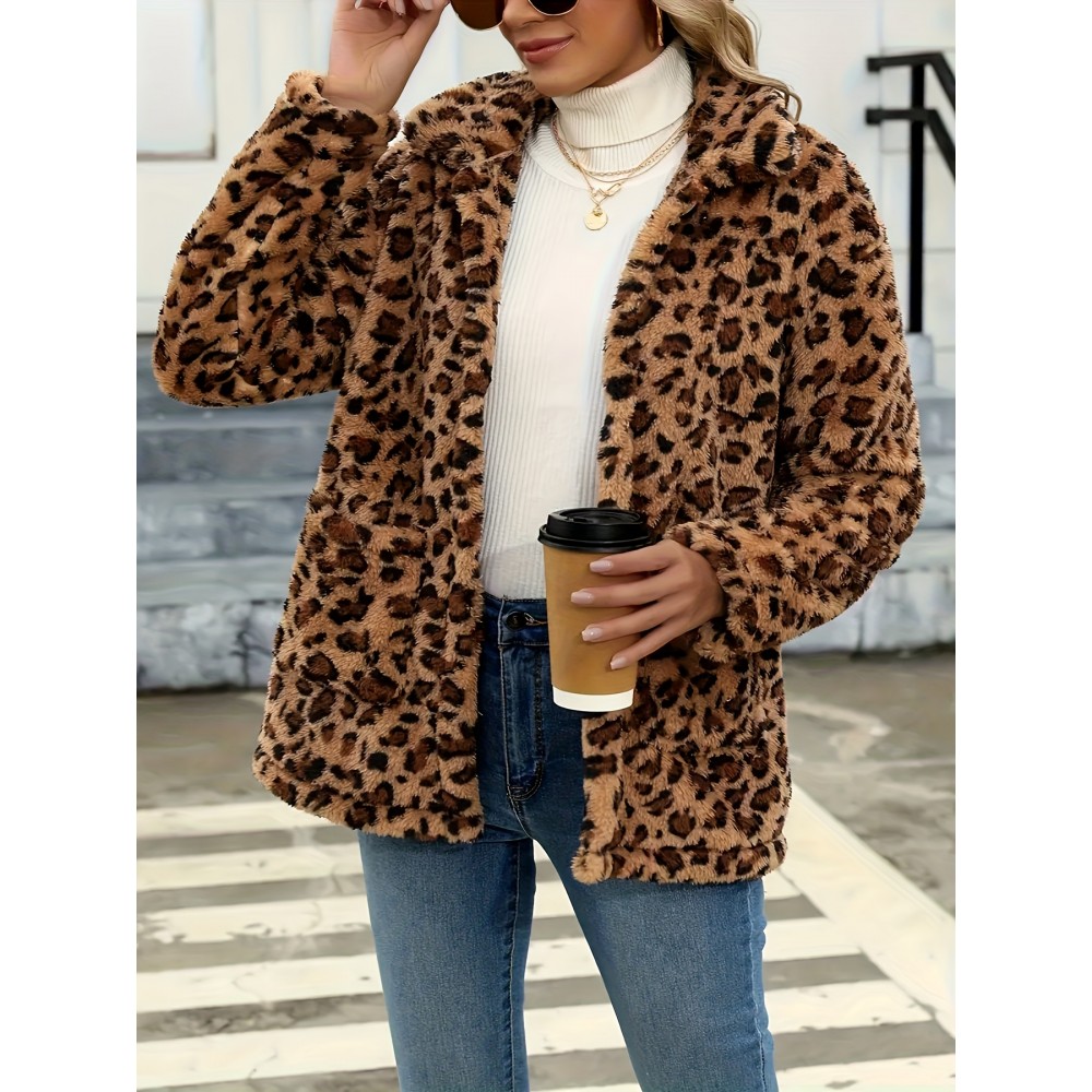 Women's Plus Size Leopard Print Faux Fur Jacket, Casual Collared Pullover, Polyester Knit Coat with Pockets, Regular Fit Long Sleeves, All-Season Fashion Outerwear