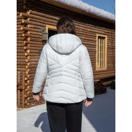 Women'S Plus Size Hooded Jacket, Casual Polyester 100% Woven Coat, Solid Color Fall/Winter Warm Windproof Outerwear with Pockets