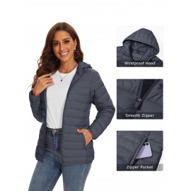 Plus Size Women's Puffer Jacket - Ultra-Lightweight, Warm, and Comfortable Hooded Coat with Full Zip and Waterproof Windproof Design for Hiking, Camping, Mountaineering, and Winter Outdoor Activities - Fashionable Padded Jacket for Curvy Figures