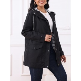 Women'S Plus Size Casual Hooded Windbreaker Jacket - 100% Polyester, Solid Color, Non-Stretch Woven Fabric, Fake Pockets, Spring/Fall Outerwear