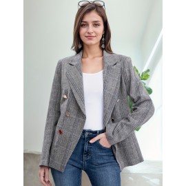 Elegant Plus Size Double-Breasted Blazer - Chic Plaid, Long Sleeve Suit Jacket for Women, Machine Washable