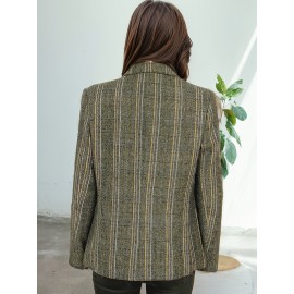 Elegant Plus Size Double-Breasted Blazer - Chic Plaid, Long Sleeve Suit Jacket for Women, Machine Washable