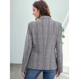 Elegant Plus Size Double-Breasted Blazer - Chic Plaid, Long Sleeve Suit Jacket for Women, Machine Washable