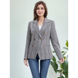 Elegant Plus Size Double-Breasted Blazer - Chic Plaid, Long Sleeve Suit Jacket for Women, Machine Washable