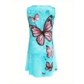 Women's Sleeveless Summer Dress with Vibrant Tropical Butterfly Print - Casual Loose Fit Round Neck Orange Dress, Machine Washable Flared Hem for Beach, Picnics & Casual Outings, Beach Dresses, Picnic Attire, Flowy Fabric