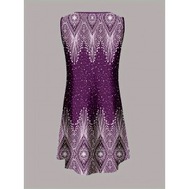 Women'S Casual Sleeveless A-Line Dress with Purple& White All-Over Print, Round Neck, Machine Washable, Medium Stretch for Spring/Summer, Spring Fashion, Elegant Style, Stretchable Fabric
