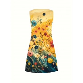 Women's Plus Size Tropical Floral Print Sleeveless A-Line Tank Dress - Vibrant Yellow to Blue Gradient, Lightweight Breathable Casual Summer Vacation Dress, Machine Washable, Casual Summer Dresses, Beach Attire, Gradientshaped Fashion, Easycare Fabric