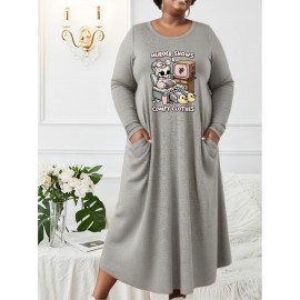 Women's Plus Size Murder Shows TV Show Graphic Dress - Cozy Long Sleeve Maxi Dress with Pocket, Crime Scene Tape Print & TV Character Design, Machine Washable Casual Winter Outfit for Fans, Loose Fit Round Neck H-Line Silhouette with Murder Mystery Theme, Autumn/Winter Wear, Relaxed Fit for Everyday Comfort, Comfortable Fabric, Durable Material