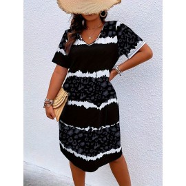 Women's Tunic Dress, Short Sleeve, Knee-Length,, Casual Summer Vacation Style, Loose Fit, Fabric, Patterned Trapeze Hem, No Belt, Pullovers Placket-