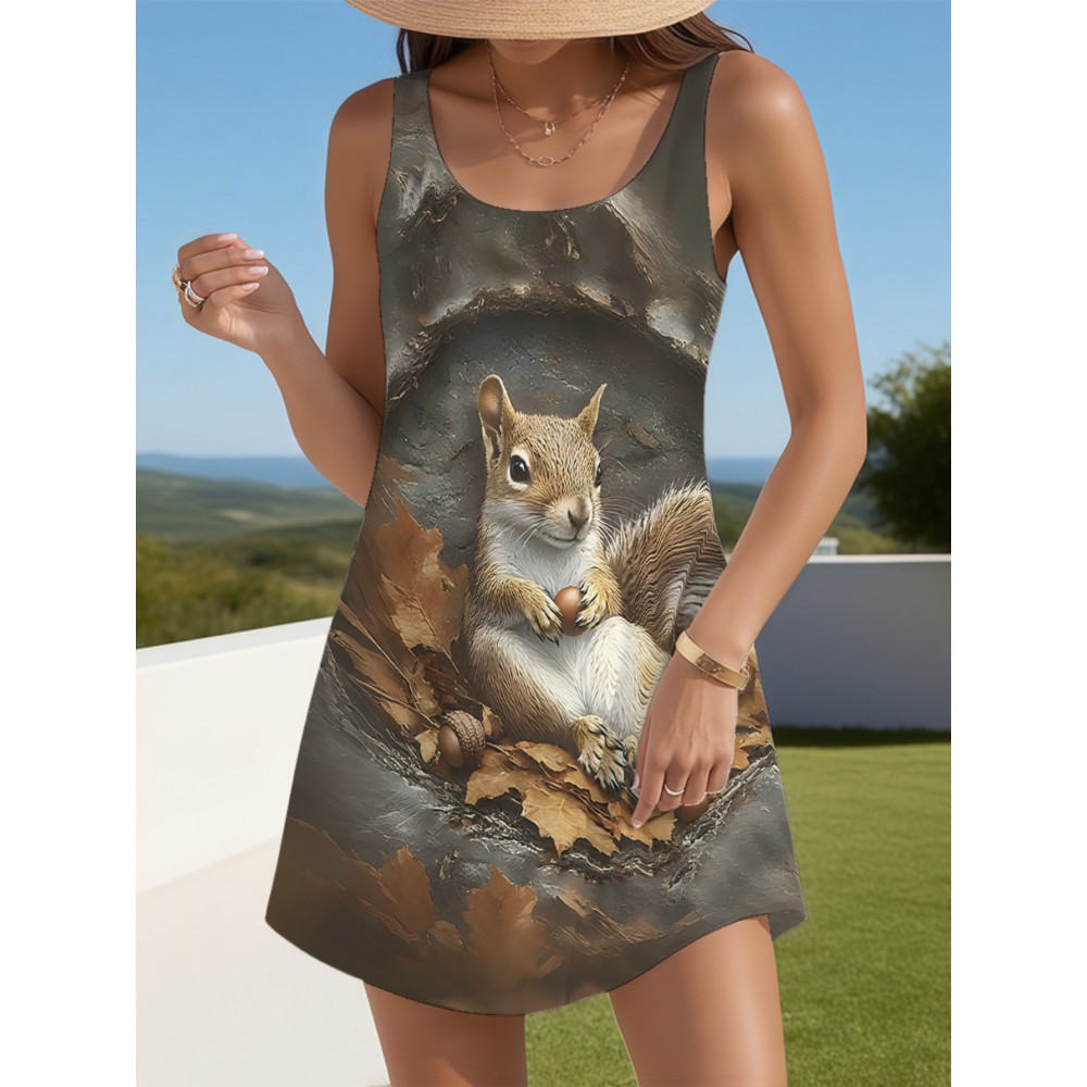 Women's Plus Size Sleeveless Pajama Dress - Cute Animal Sleepwear & Lounge, Loose Fit Shorts, Machine Washable All-Season Nightgown for Women (No Formality Needed), Comfortable Pajamas, Playful Squirrel Print, Durable Loungewear