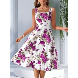 Women's Sleeveless Square Neck A-line Blue Floral Print, Spring/Summer Machine Washable, Moderately Stretchy Elegant A-line Cut, Suitable for Casual and Formal Occasions, Spring Fashion, Comfortable and Close-fitting, Non-transparent Fabric