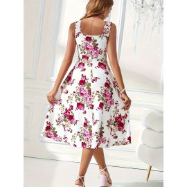 Women's Sleeveless Square Neck A-line Blue Floral Print, Spring/Summer Machine Washable, Moderately Stretchy Elegant A-line Cut, Suitable for Casual and Formal Occasions, Spring Fashion, Comfortable and Close-fitting, Non-transparent Fabric