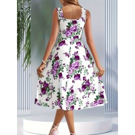 Women's Sleeveless Square Neck A-line Blue Floral Print, Spring/Summer Machine Washable, Moderately Stretchy Elegant A-line Cut, Suitable for Casual and Formal Occasions, Spring Fashion, Comfortable and Close-fitting, Non-transparent Fabric