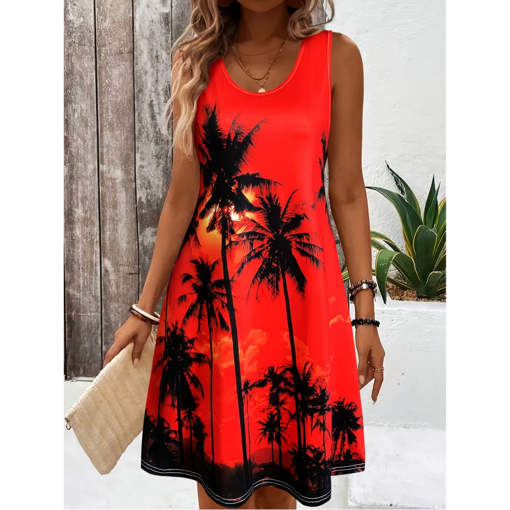 Women'S Tropical Print Sleeveless Beach Dress- Vibrant Pink with Black Palm Tree Design, Round Neck Machine-Washable Lightweight Summer Vacation Dress for Poolside& Casual Outings