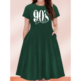 Women'S Plus Size 90'S Retro Bops Graphic Print Vintage 90s Inspired Casual Dress - Short Sleeve Round Neck A-Line Flared Skirt with Puff Sleeve-like Hem, Machine Washable Summer Midi Dress in & Retro Lettering, Loose Fit H-Line Silhouette for Casua