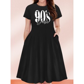 Women'S Plus Size 90'S Retro Bops Graphic Print Vintage 90s Inspired Casual Dress - Short Sleeve Round Neck A-Line Flared Skirt with Puff Sleeve-like Hem, Machine Washable Summer Midi Dress in & Retro Lettering, Loose Fit H-Line Silhouette for Casua