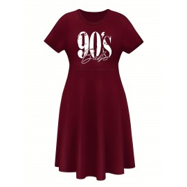Women'S Plus Size 90'S Retro Bops Graphic Print Vintage 90s Inspired Casual Dress - Short Sleeve Round Neck A-Line Flared Skirt with Puff Sleeve-like Hem, Machine Washable Summer Midi Dress in & Retro Lettering, Loose Fit H-Line Silhouette for Casua
