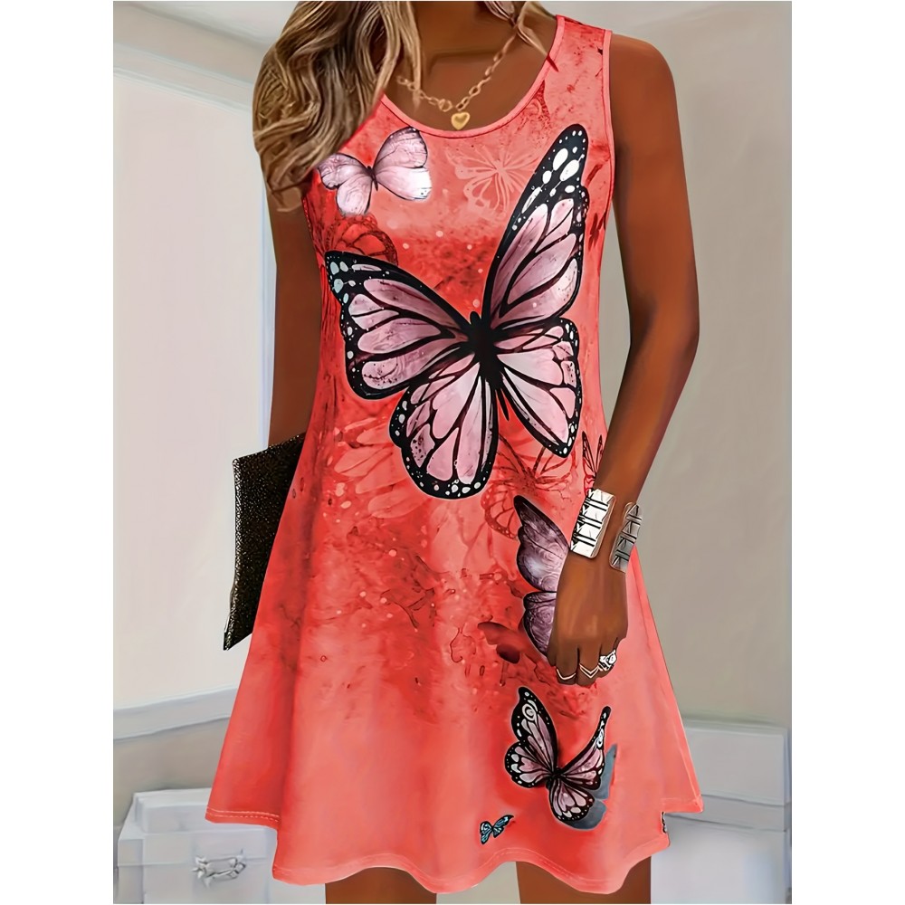 Women's Sleeveless Summer Dress with Vibrant Tropical Butterfly Print - Casual Loose Fit Round Neck Orange Dress, Machine Washable Flared Hem for Beach, Picnics & Casual Outings, Beach Dresses, Picnic Attire, Flowy Fabric