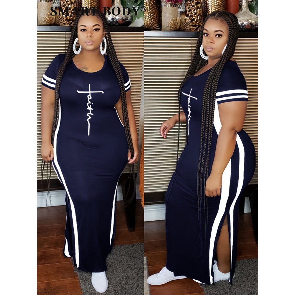 Faith Letter Women'S Striped Printed Casual Dress Side Slit Round Neck Short-sleeved Dress, Spring And Summer Casual WomenS Maxi Dress Striped Trim Split Thigh Longline Dress For Summer