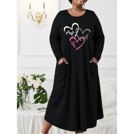 Plus Size, 1pc Women'S Plus Size Long Sleeve Maxi Dress - Elegant Black with Pink Heart & Faith Lettering, Flowy Loose Fit Formal Casual Outfits - Fall/Winter Everyday & Special Occasion Dress for Women, Winter Comfort Clothing, Comfortable Fabric